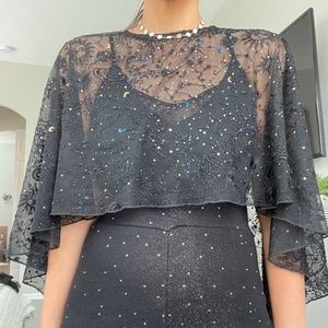 Embroidered Celestial Galaxy Mesh Sheer Cape / Capelet - OS- Tadashi Shoji